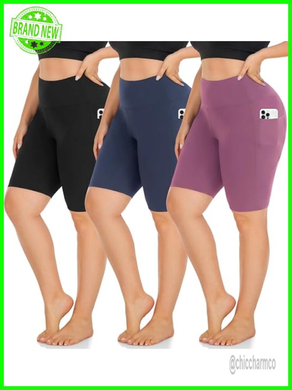 Plus Size High Waist Biker Shorts with Pockets - 3 Pack Workout Yoga Shorts